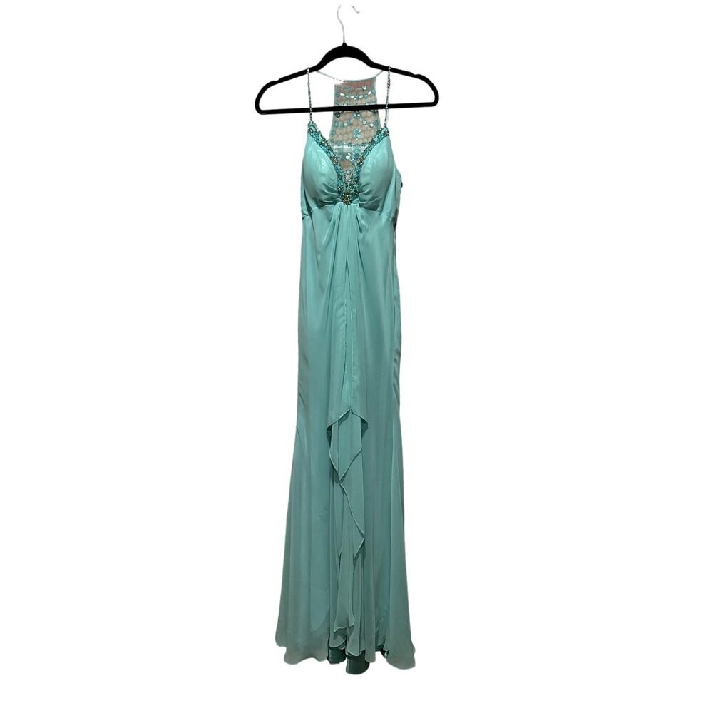 Dave & Johnny Aqua Chiffon Beaded Illusion Prom Dress Gown Size 1/2
